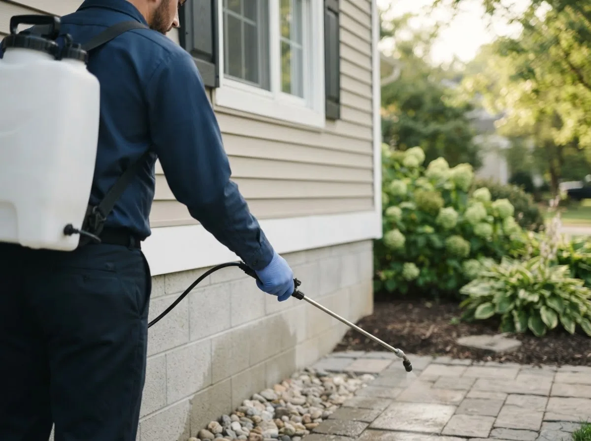 Pest control technician inspecting a home in Oaks, OK